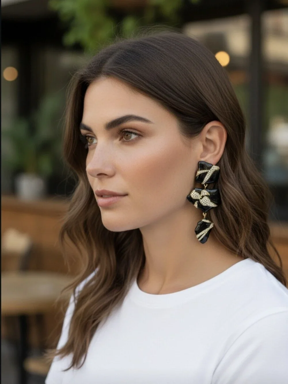 18k Gold Plated Oversized Onyx Enamel Pave Zircon Crystal Dangle Earrings